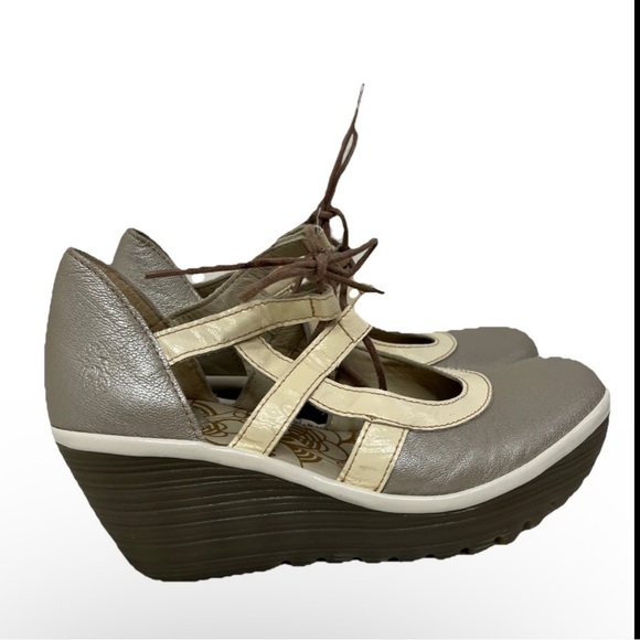 Fly London Yett Silver Off White Leather Tie Mary Jane Wedge Pump 37 Us 6.5 - Picture 1 of 7